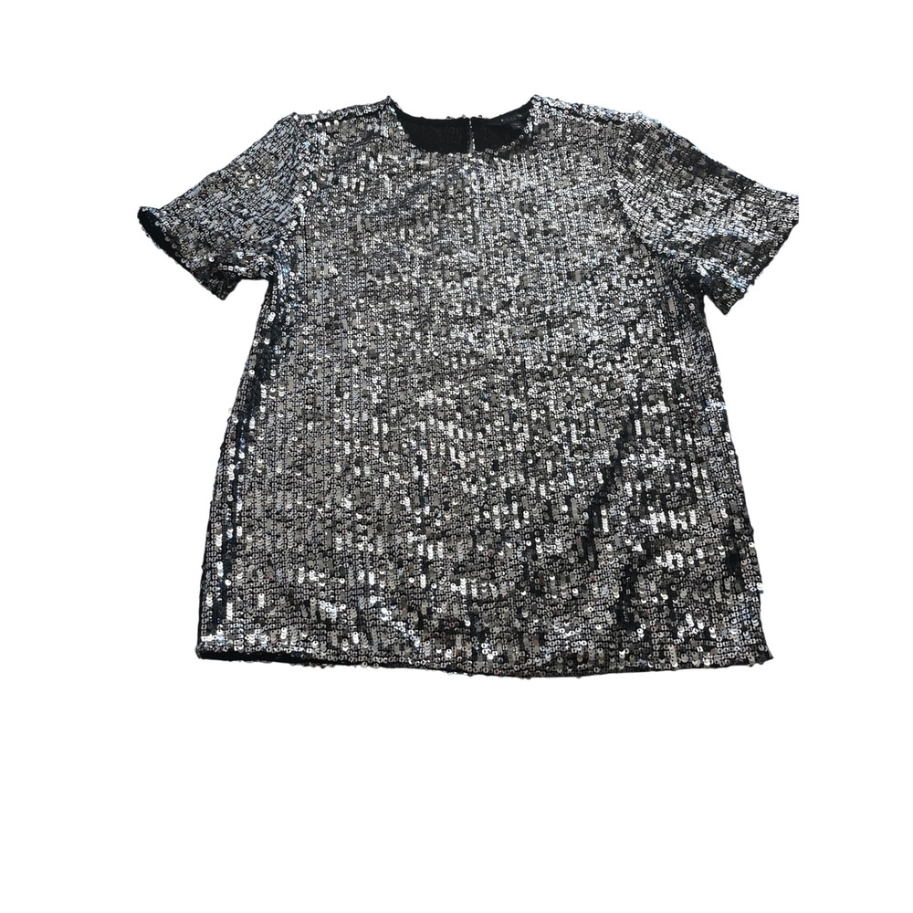 Express Womens Silver Sequin Short Sleeve Crew Neck Party Top Size S